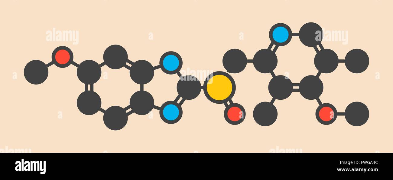 L'esoméprazole, l'ulcère peptique molécule pharmaceutique (inhibiteur de la pompe à protons) formule topologique stylisé (structure chimique) les atomes sont indiqués Banque D'Images