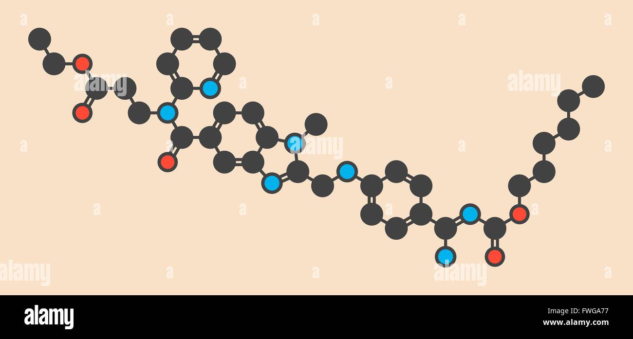 Le dabigatran anticoagulant (inhibiteur direct de la thrombine) stylisée molécule formule topologique (structure chimique) les atomes sont Banque D'Images