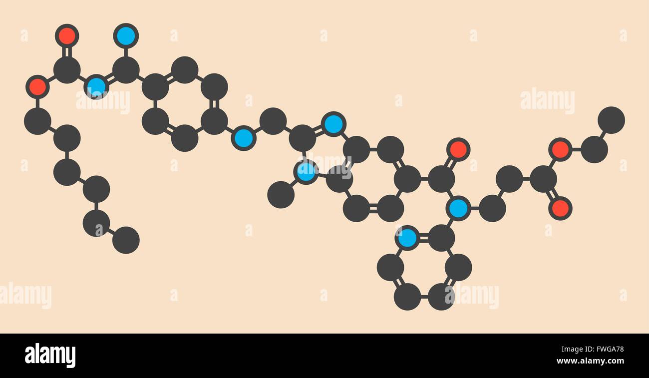 Le dabigatran anticoagulant (inhibiteur direct de la thrombine) stylisée molécule formule topologique (structure chimique) les atomes sont Banque D'Images