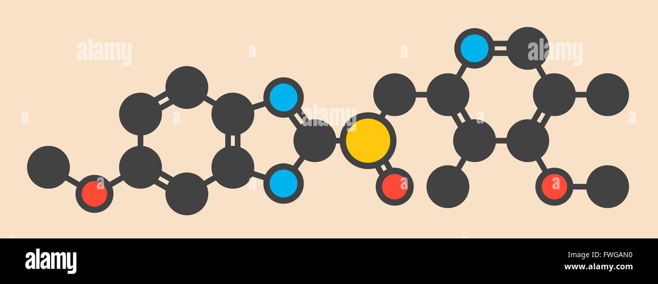 L'Omeprazole de dyspepsie et d'ulcère gastroduodénal (médicament inhibiteur de la pompe à protons) molécule chimique (formule topologique stylisé Banque D'Images