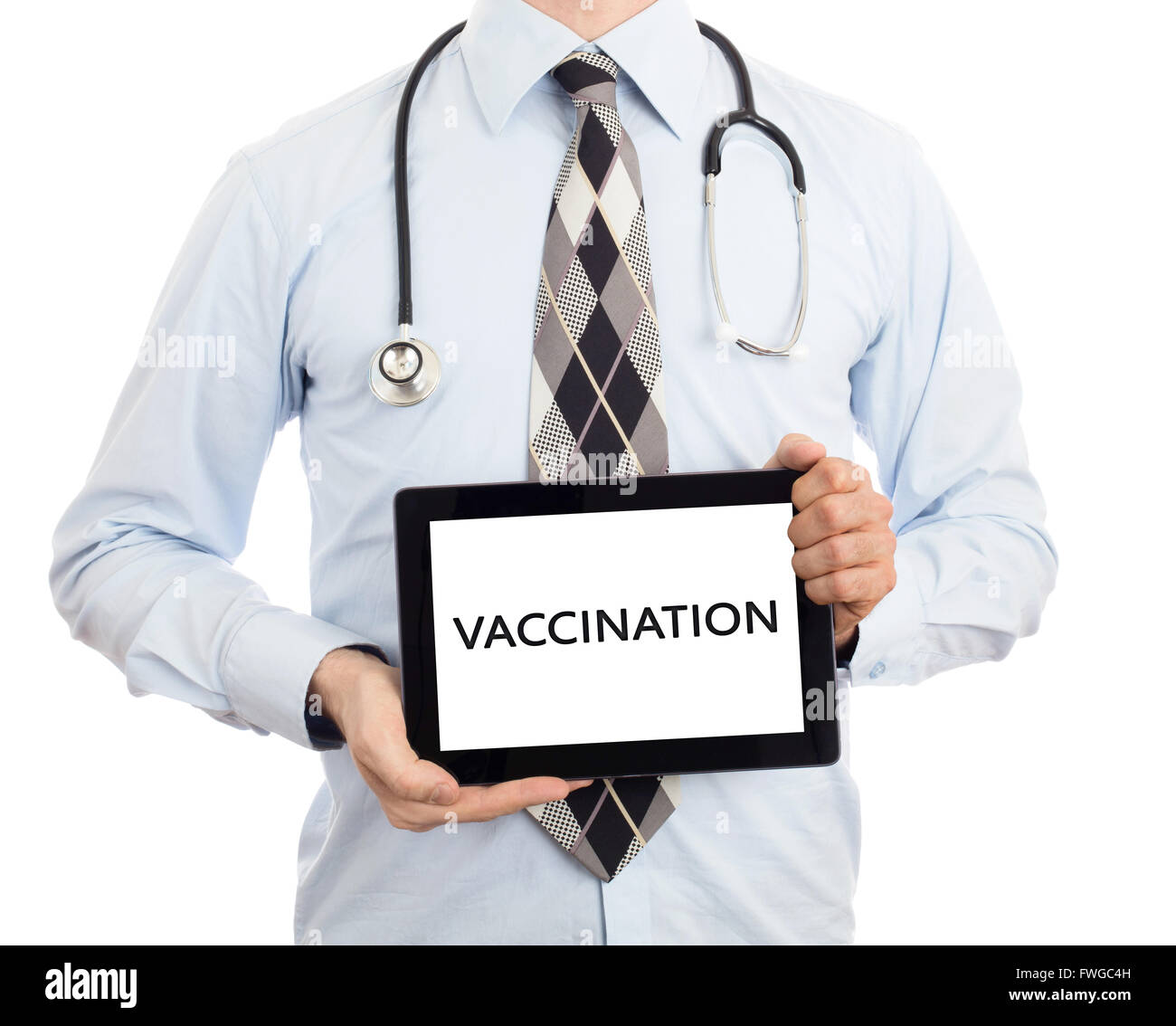 Médecin, isolé sur blanc backgroun, holding digital tablet - Vaccination Banque D'Images