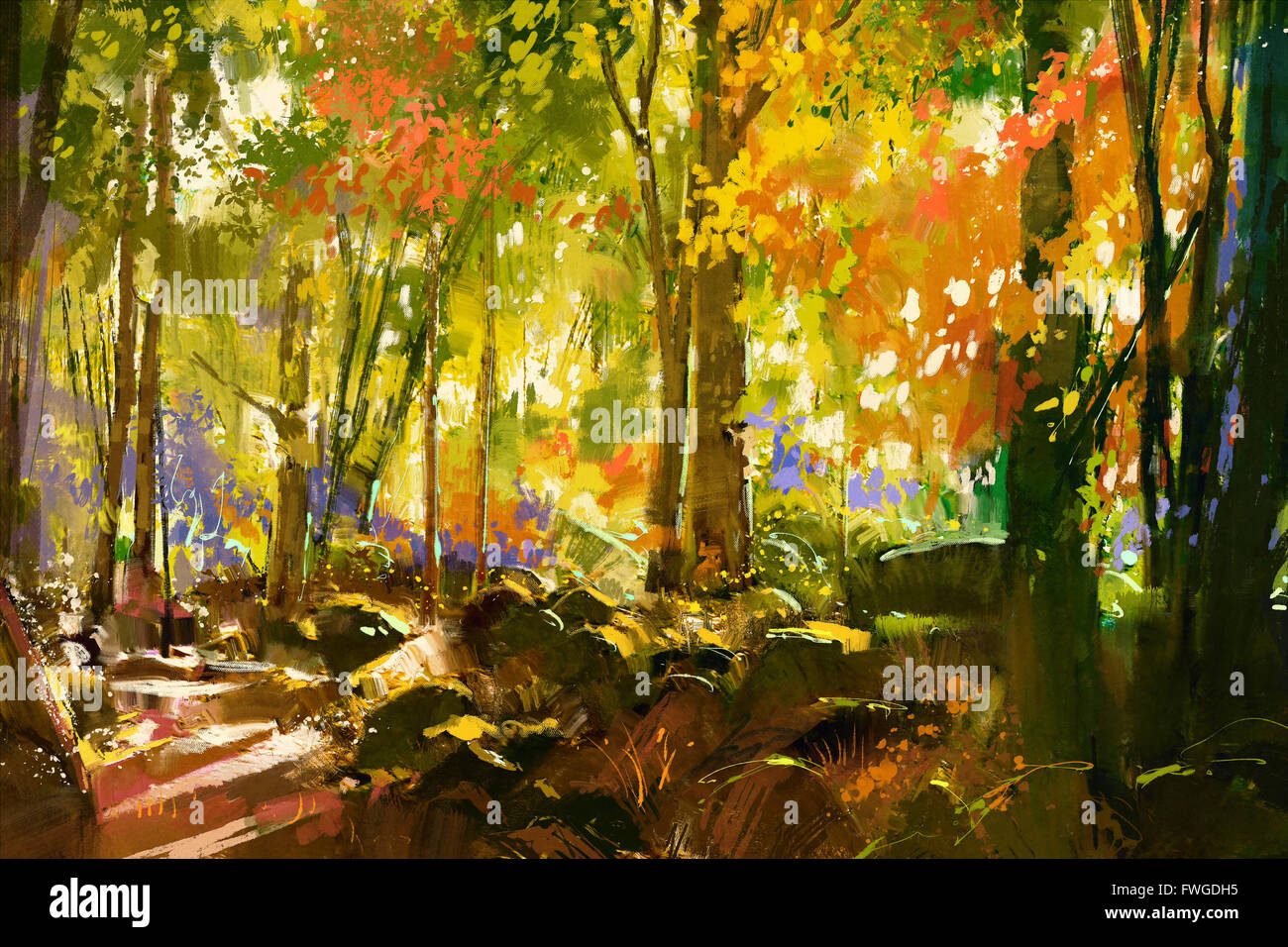 Forêt lumineuse,belle nature au printemps,illustration peinture Banque D'Images