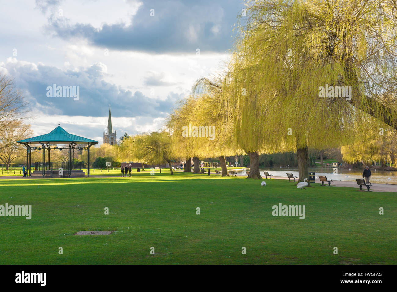 Stratford Upon Avon printemps, vue au printemps du terrain de loisirs bordé de saules à côté de la rivière Avon dans le centre de Stratford Upon Avon, Angleterre. Banque D'Images