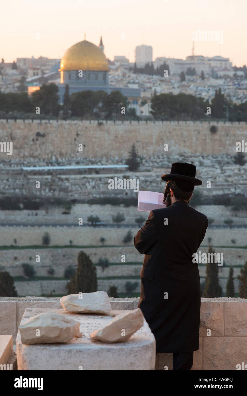 Juif orthodoxe priant au cimetière du Mont des Oliviers, Jérusalem, Israël, Moyen Orient Banque D'Images