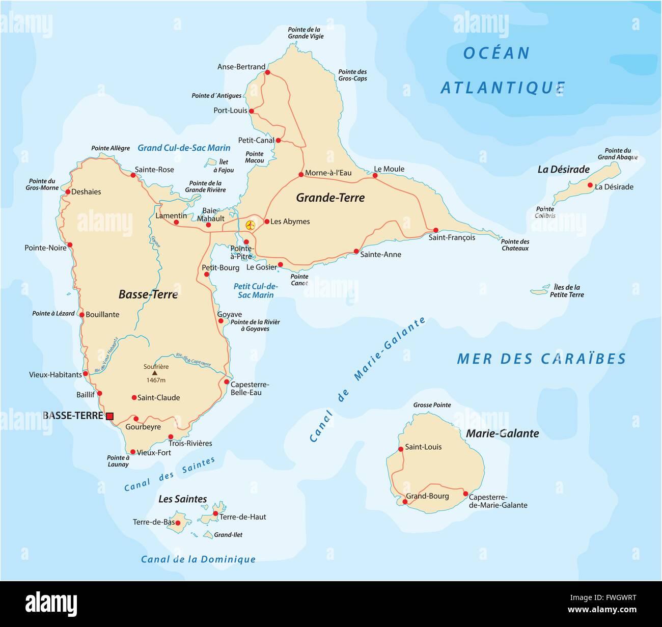 Carte routière de la Guadeloupe Illustration de Vecteur