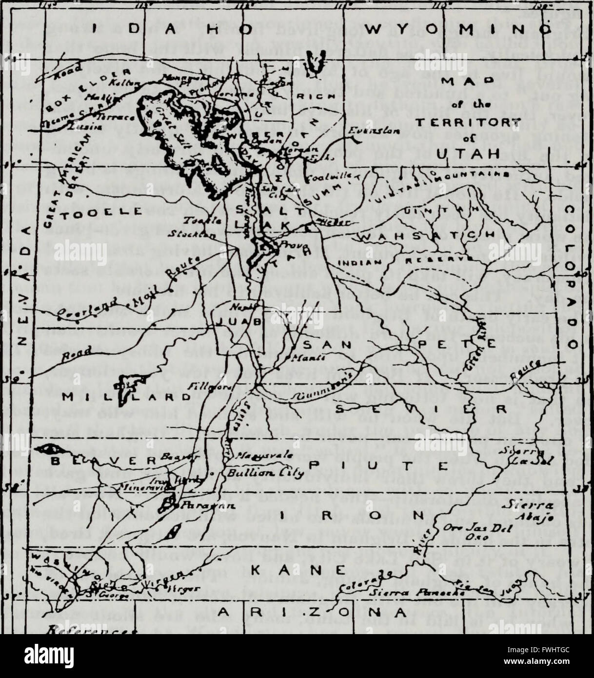 Ce récit historique raconte les origines de la communauté mormone, y compris la vision de Joseph Smith et l'émigration des disciples, menant à l'établissement de colonies dans les montagnes Rocheuses. Il détaille les luttes, l'évolution religieuse et les événements clés de leur développement. Banque D'Images