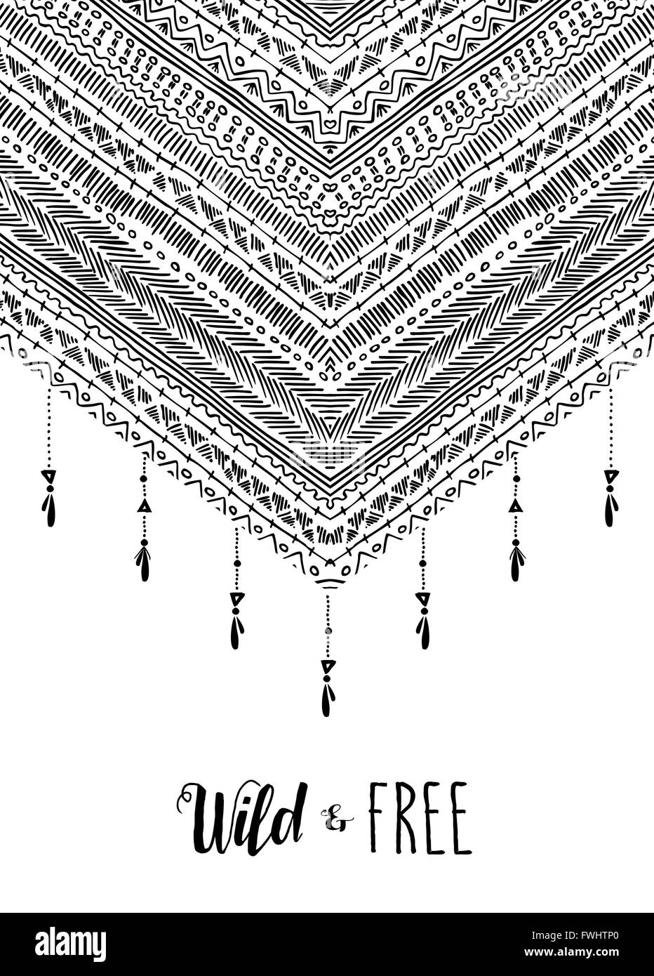 Boho wild et texte libre citation poster avec rayures d'inspiration tribale, noir et blanc design et décoration éléments. Vecteur EPS10. Illustration de Vecteur