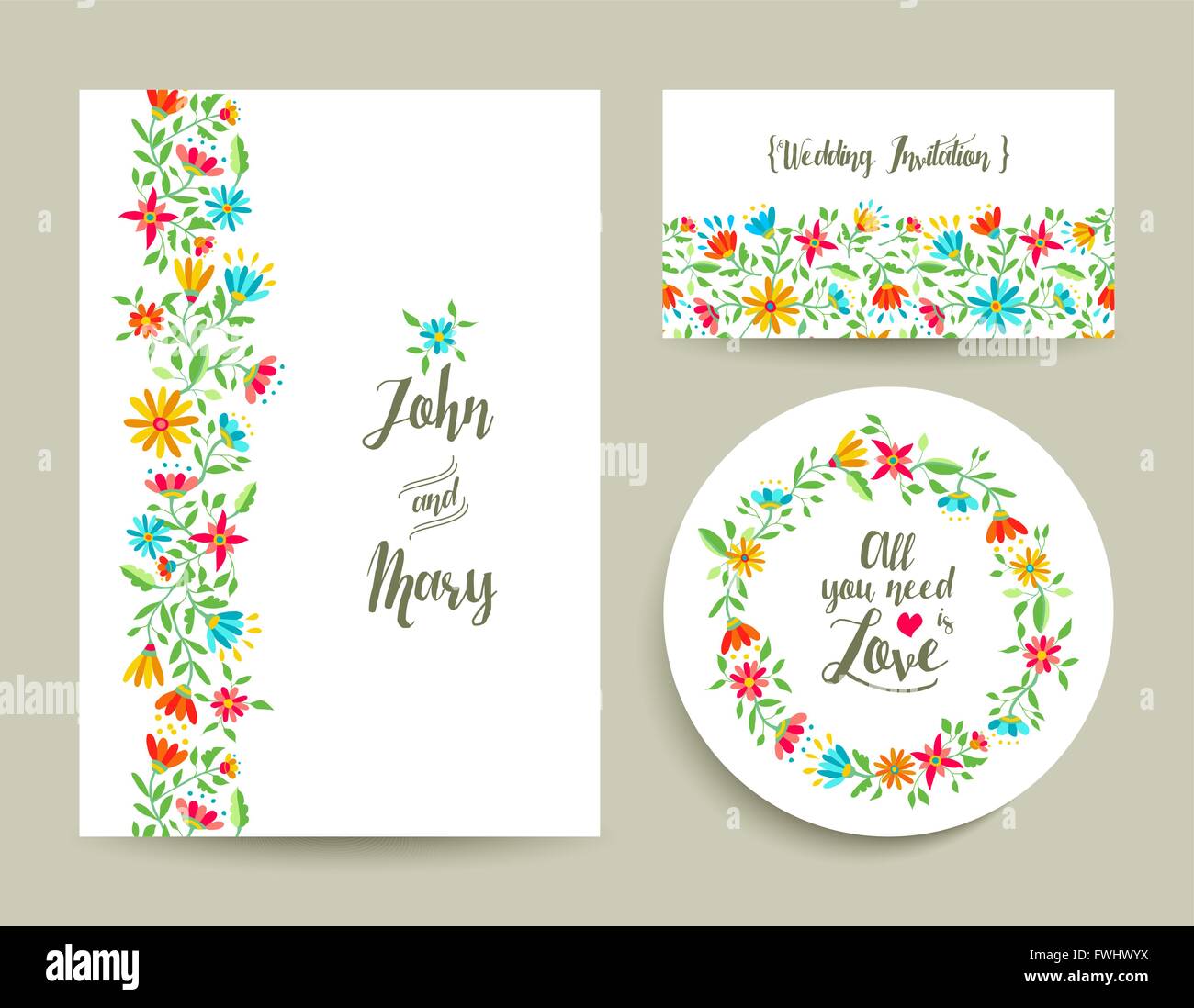 Belle carte invitation mariage floral modèle avec motifs floraux colorés moderne idéal pour la fête du printemps. Vecteur EPS10 Illustration de Vecteur