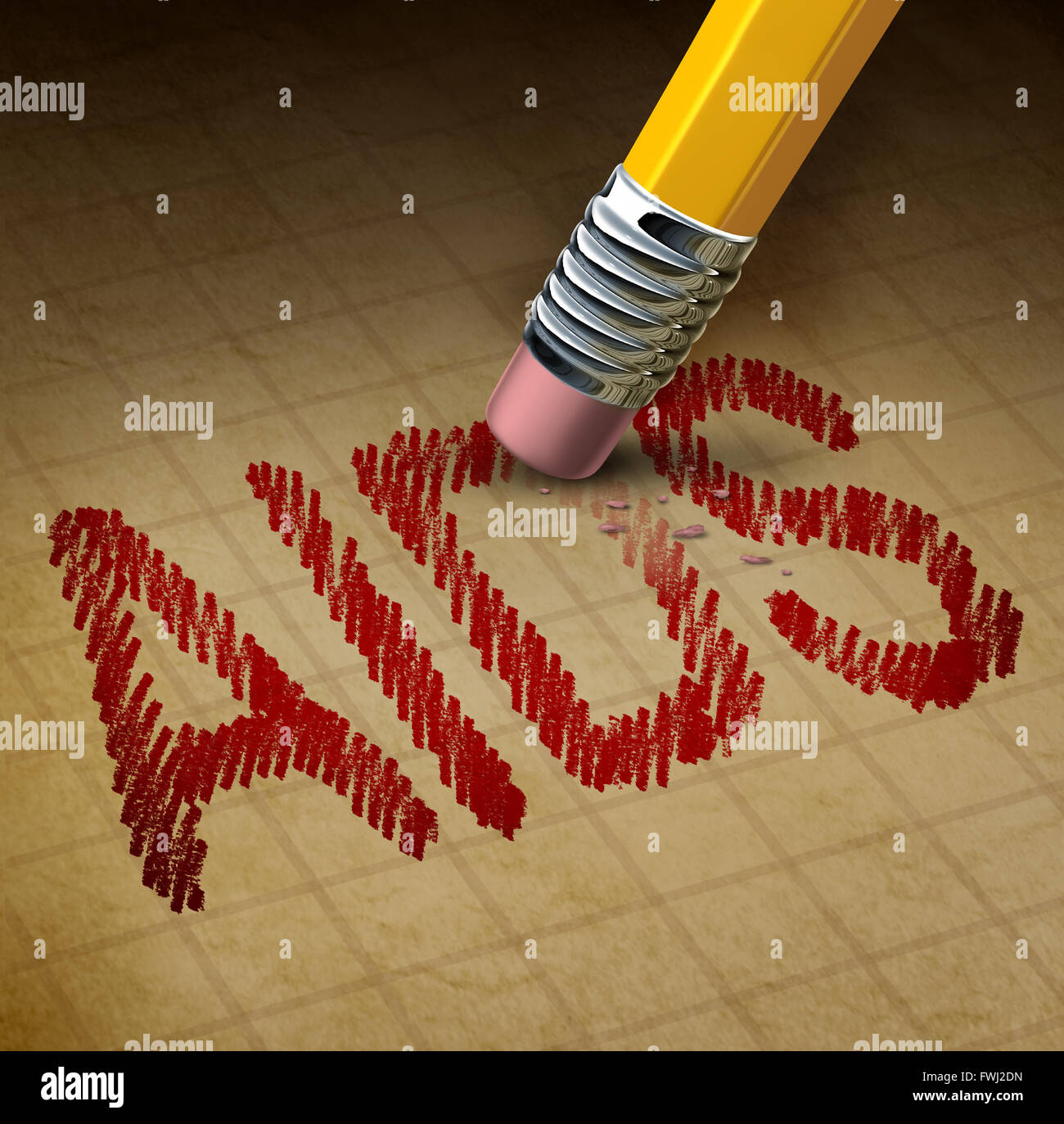 Lutte contre le sida et le VIH ou le virus de l'immunodéficience humaine comme un concept 3D illustration d'une gomme de crayon Effacement de texte comme un professionnel Banque D'Images