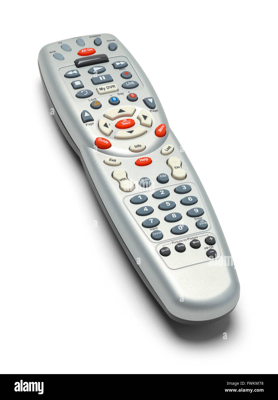 Télécommande TV gris isolé sur fond blanc. Banque D'Images