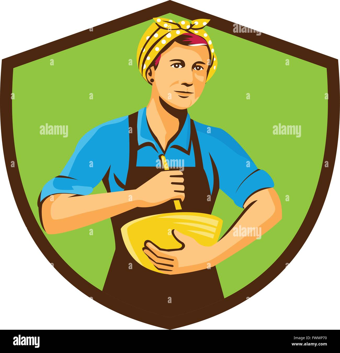 Illustration d'une femme chef avec bandana holding spatule et bol mélanger du point de vue de l'avant à l'intérieur set shield crest Illustration de Vecteur