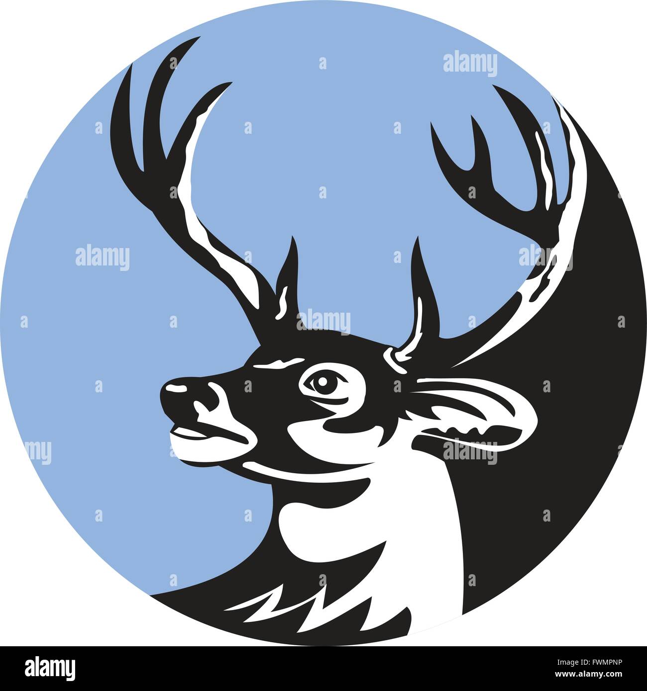 Illustration d'une tête de cerf cerf buck à la recherche à l'ensemble du côté intérieur du cercle fait en style rétro. Illustration de Vecteur