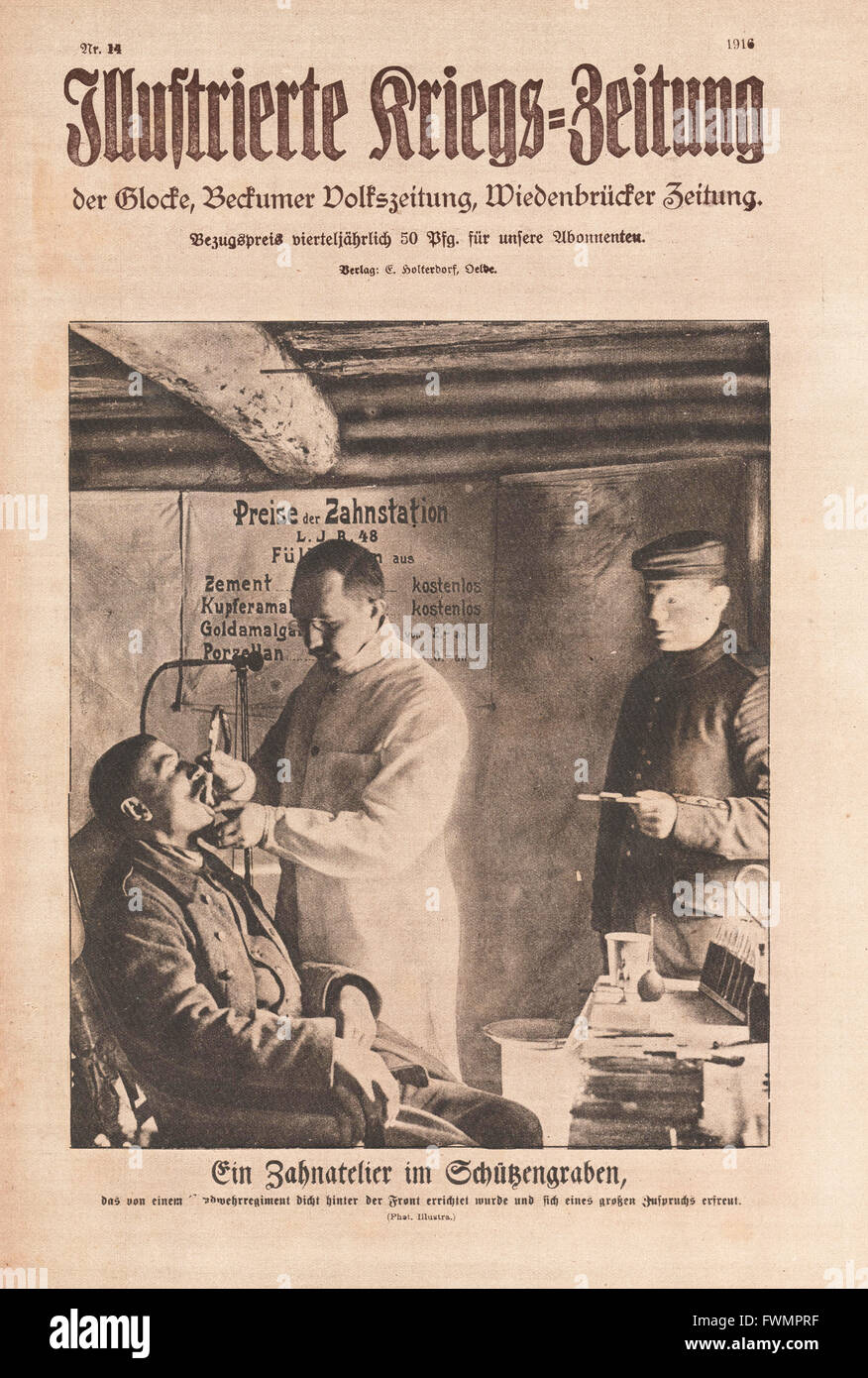 1916 Illustrierte Kriegs-Zeitung dentiste au travail dans une tranchée allemande Banque D'Images