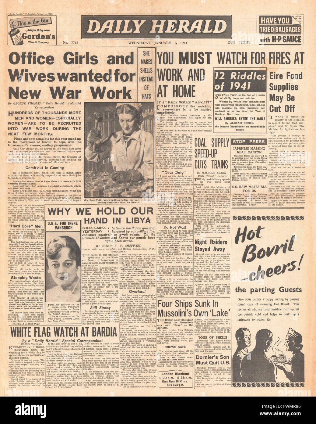 1941 front page Daily Herald femmes voulaient pour le travail de guerre Banque D'Images