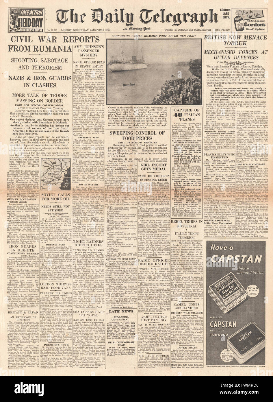 1941 front page Daily Telegraph armée britannique avance sur Tobruk, guerre civile de Roumanie et de rapports du Ministère de l'alimentation de la crise alimentaire de contrôle Banque D'Images