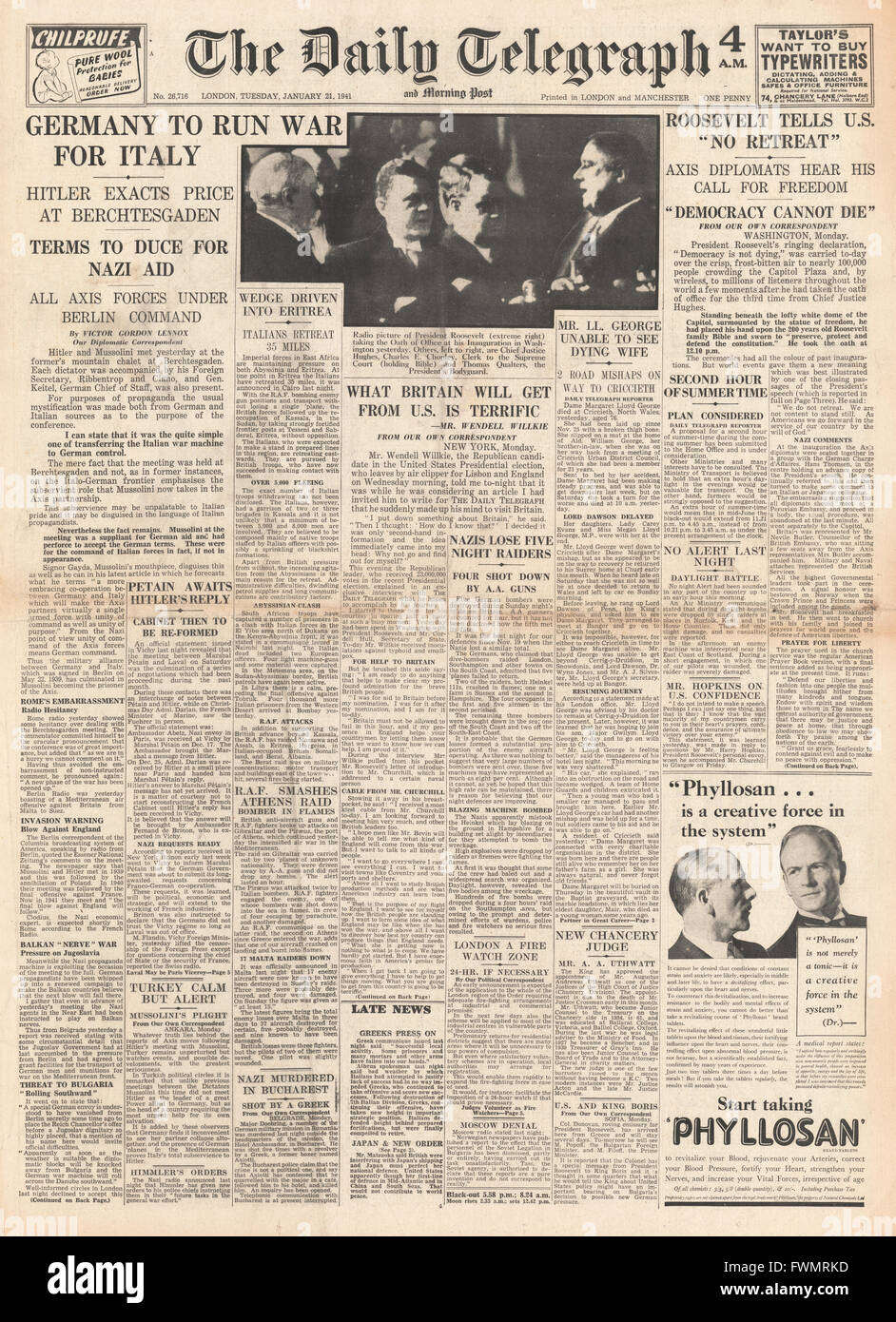 1941 front page Daily Telegraph l'Allemagne dans le contrôle de l'effort de guerre italien et le président Roosevelt inauguration à Washington Banque D'Images