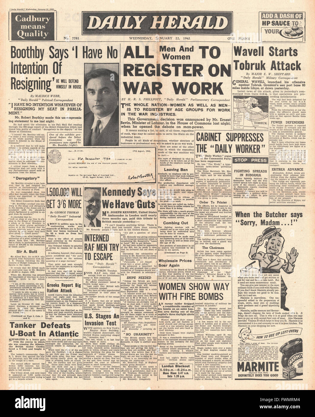 1941 front page Daily Herald les forces alliées entre Tobruk et tous les hommes et les femmes à s'inscrire pour le travail de guerre Banque D'Images