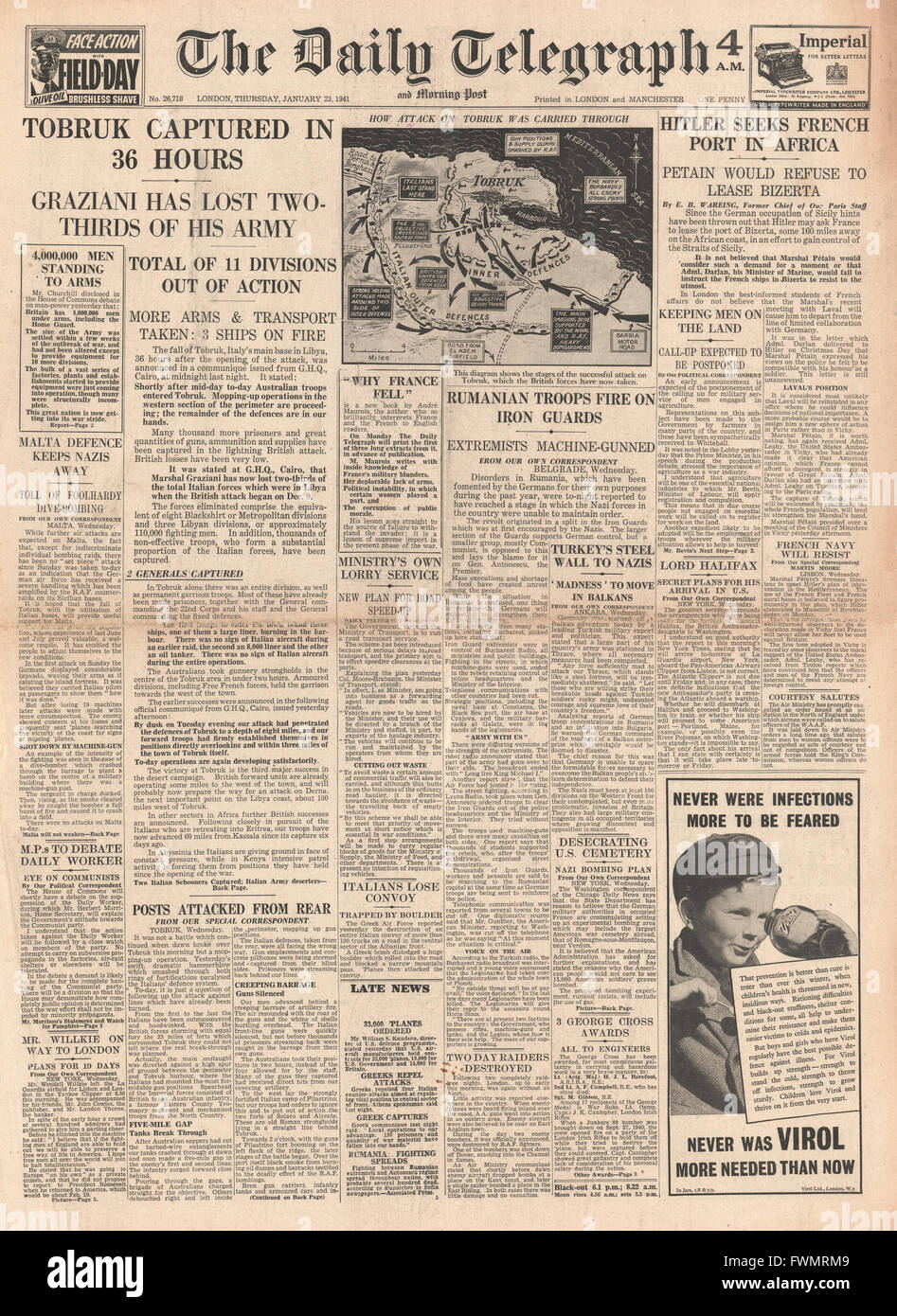 1941 front page Daily Telegraph de Tobrouk aux alliés de l'automne Banque D'Images