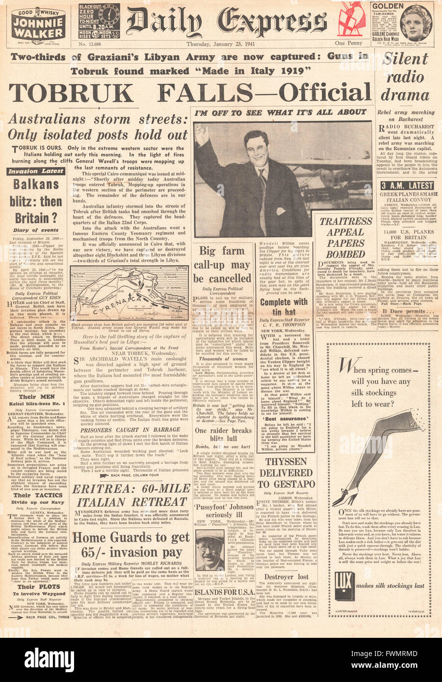 1941 front page Daily Express de Tobrouk aux alliés de l'automne Banque D'Images