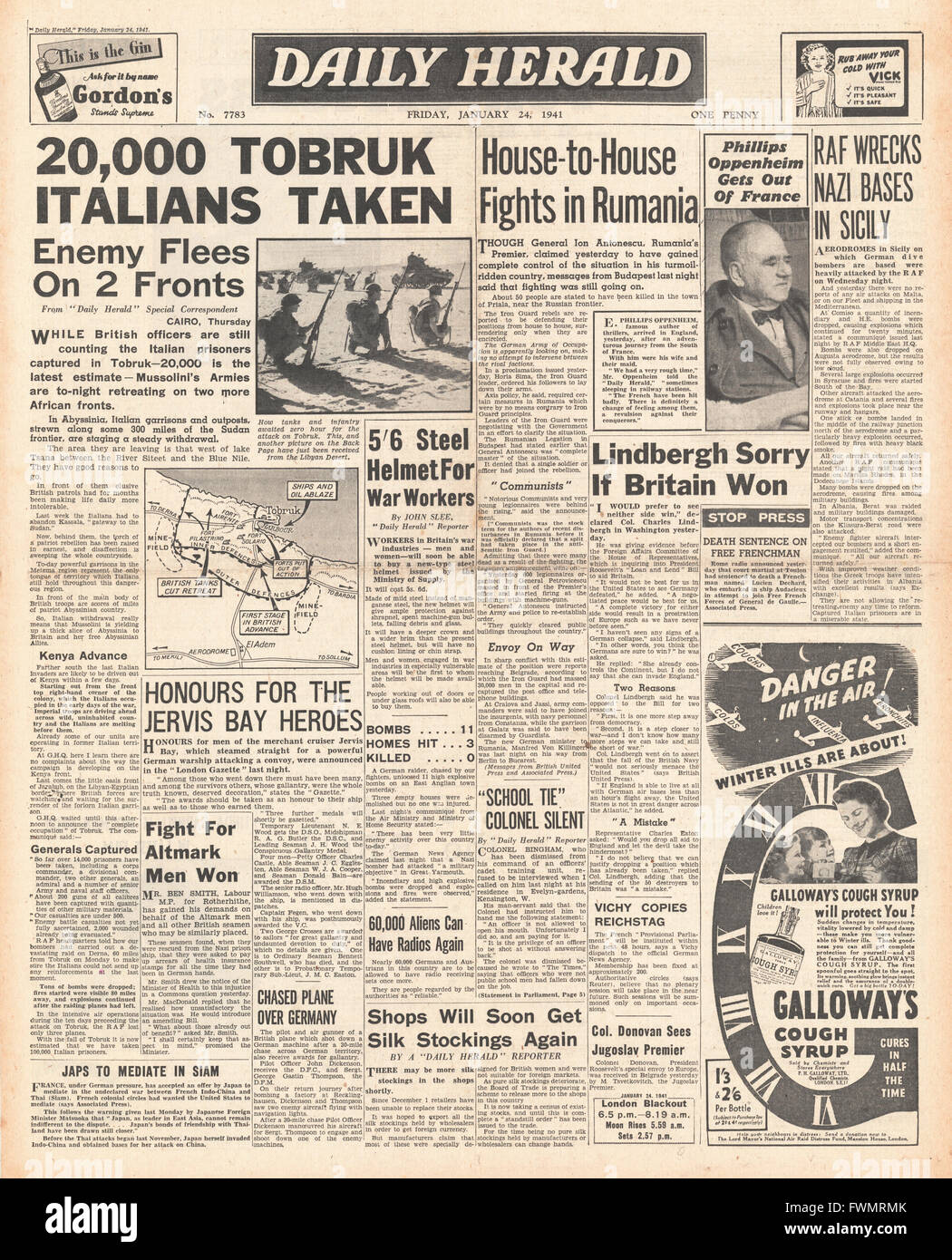 1941 front page Daily Herald Tobrouk tombe aux forces alliées Banque D'Images