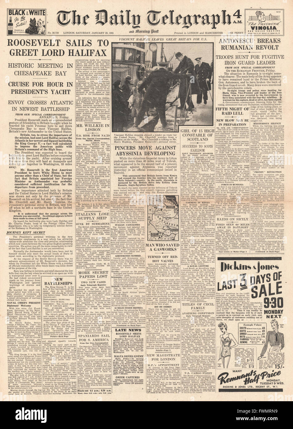 1941 front page Daily Telegraph le président Roosevelt répond à Lord Halifax à Chesapeake Bay Banque D'Images