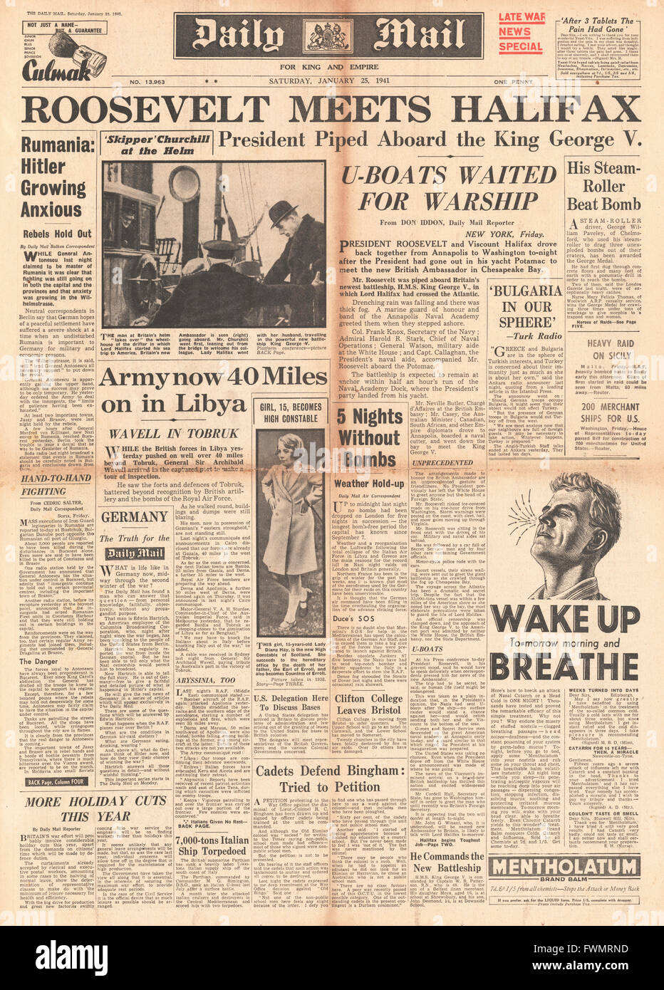 1941 front page Daily Mail Le président Roosevelt répond à Lord Halifax à Chesapeake Bay Banque D'Images