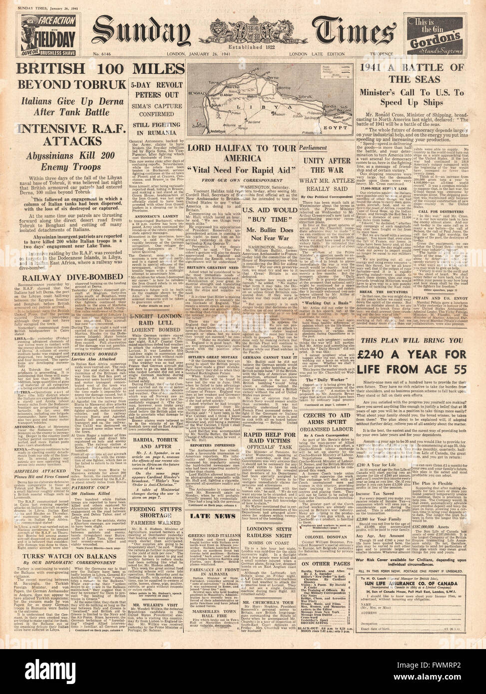 1941 front page Sunday Times British 100 milles au-delà de Tobruk et Lord Halifax en tournée en Amérique latine Banque D'Images