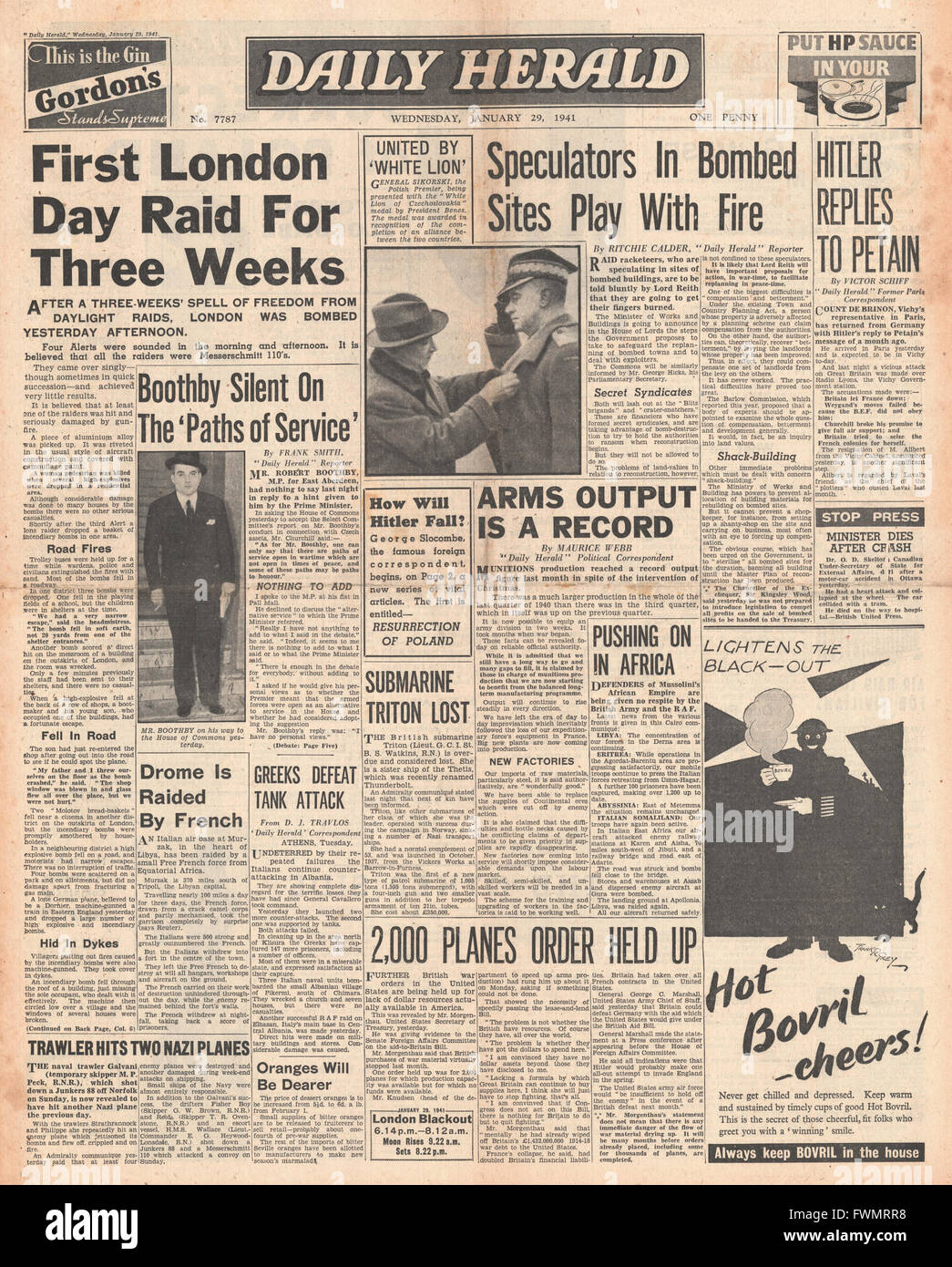 1941 front page Daily Herald Premier jour de Londres pendant trois semaines de raids Banque D'Images