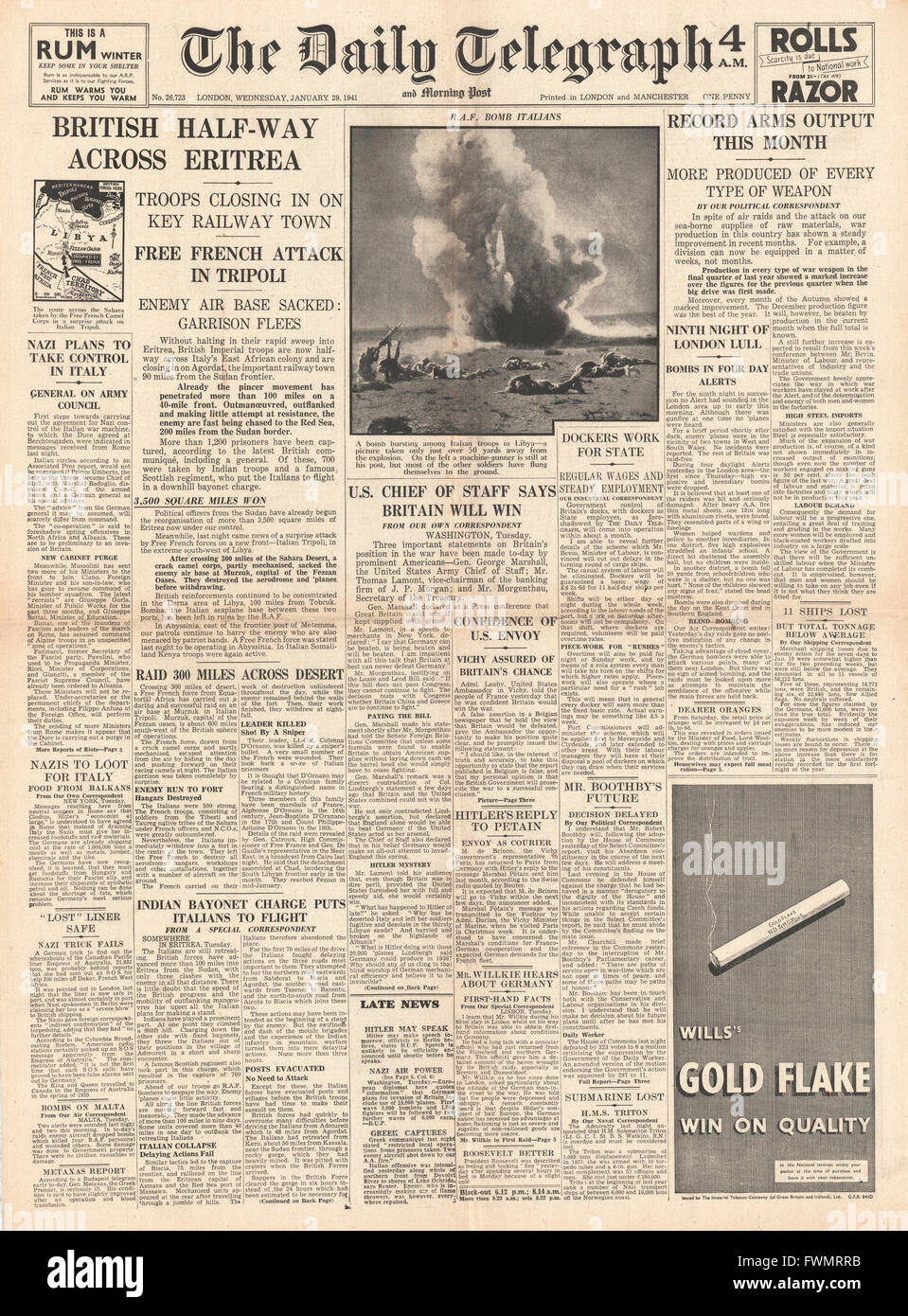 1941 front page Daily Telegraph armée britannique avance à travers l'Erythrée Banque D'Images