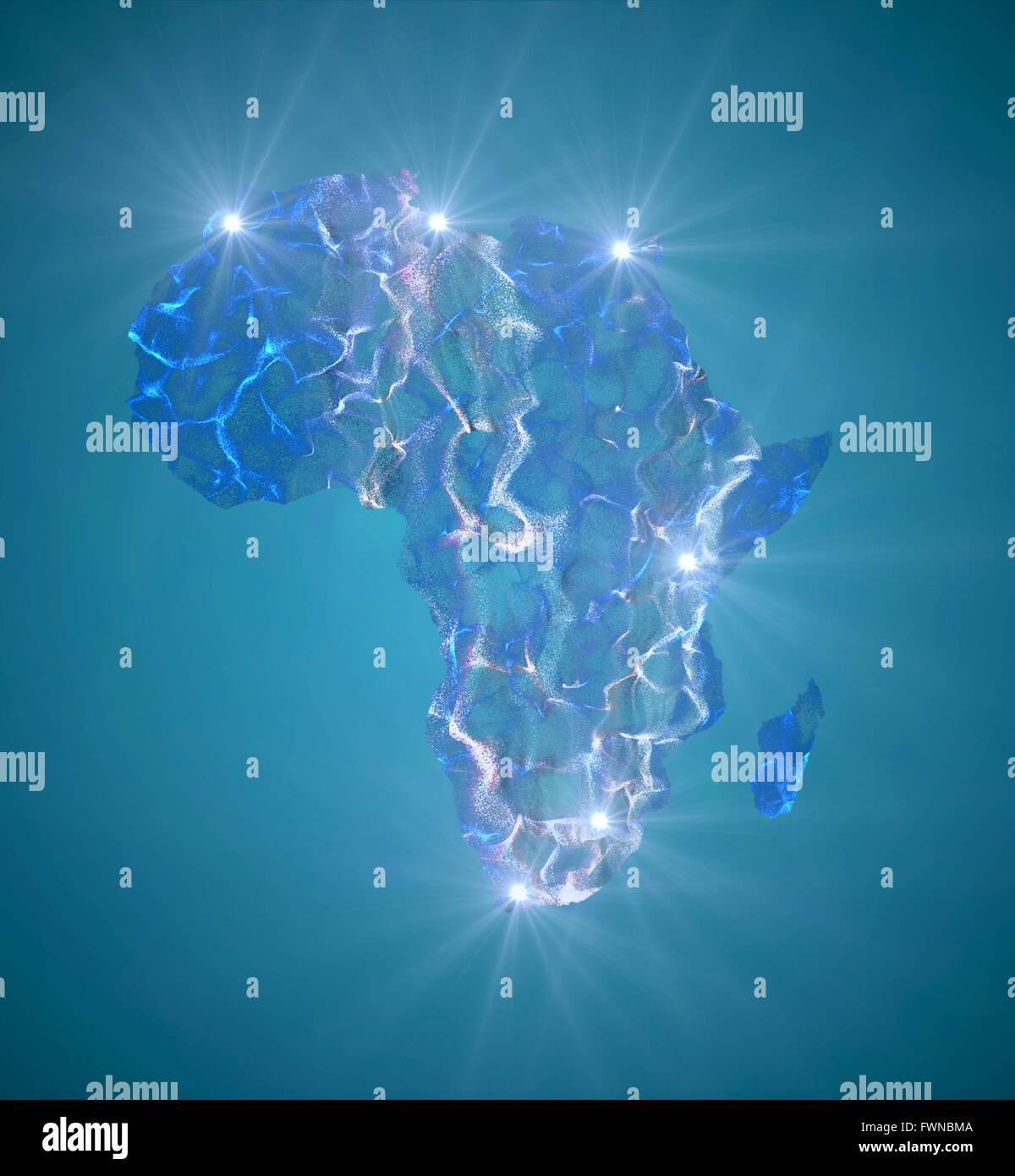 Carte de l'Afrique avec les grandes villes marquées d'une lumière sur un fond vert Banque D'Images