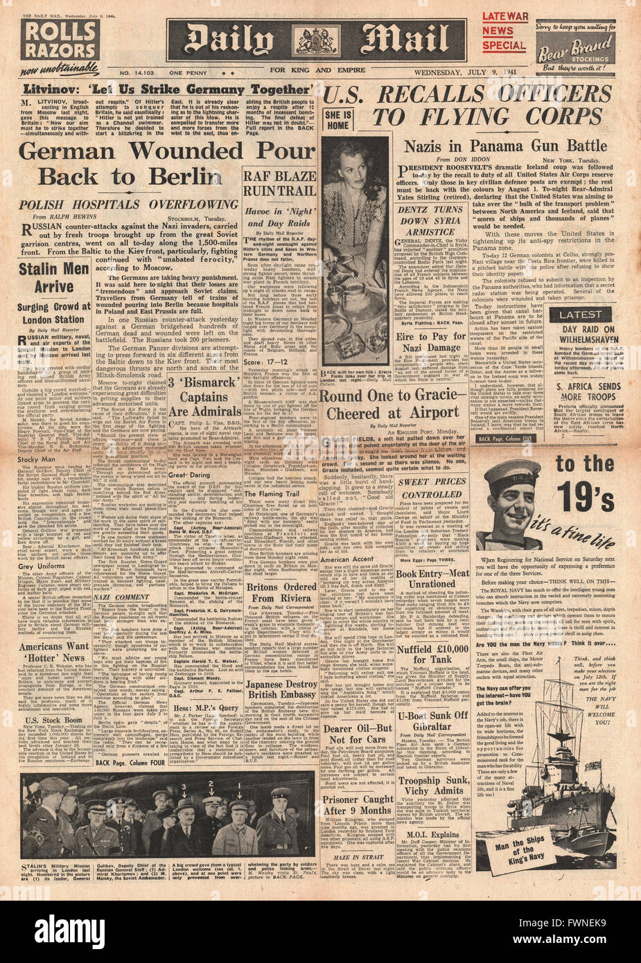 1941 front page Daily Mail Blessés allemands en Russie et Roosevelt rappelle United States Air Forces de réserve Banque D'Images