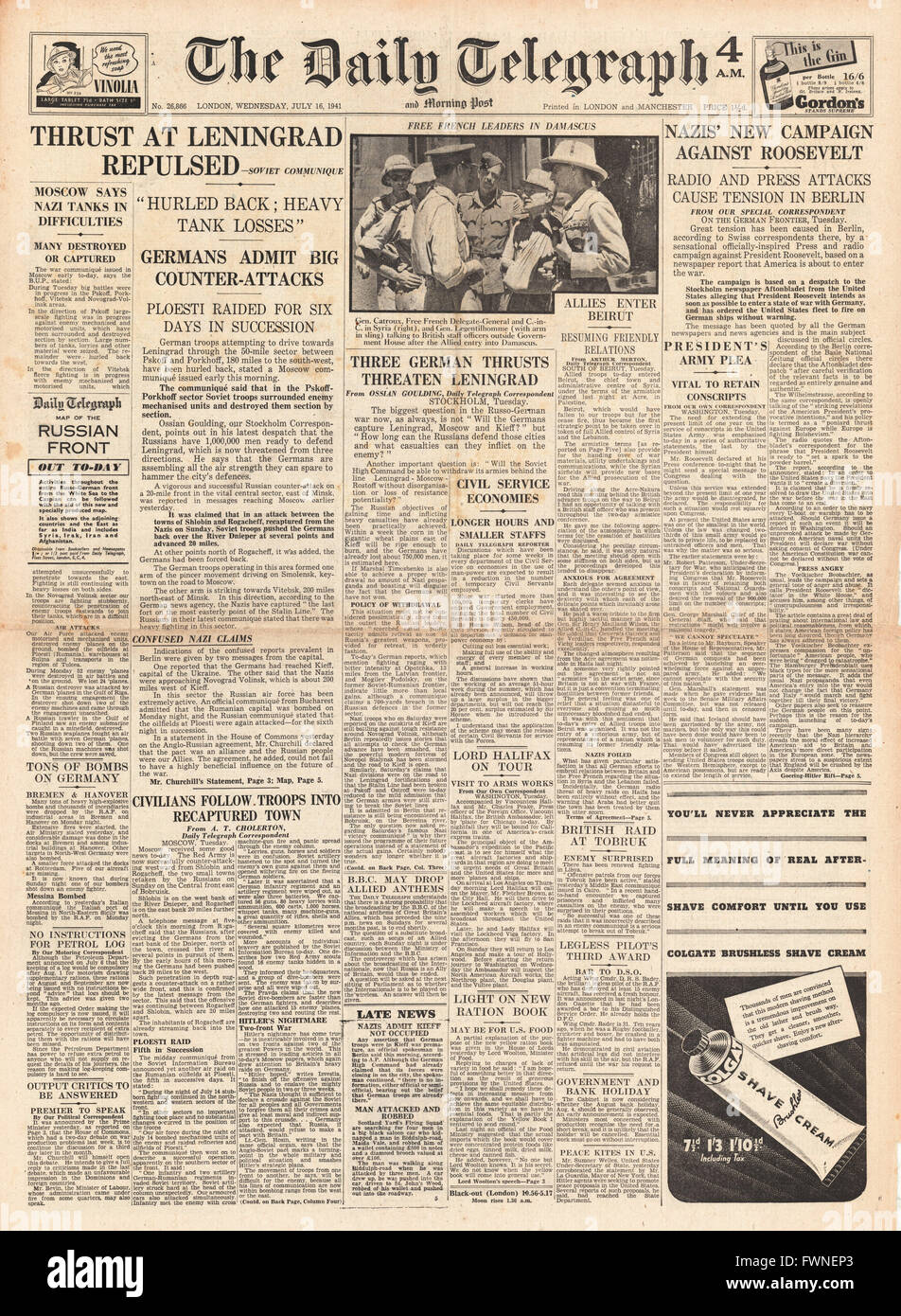 1941 front page Daily Telegraph attaque allemande sur Leningrad tenu et Allemands campagne haineuse contre Roosevelt Banque D'Images