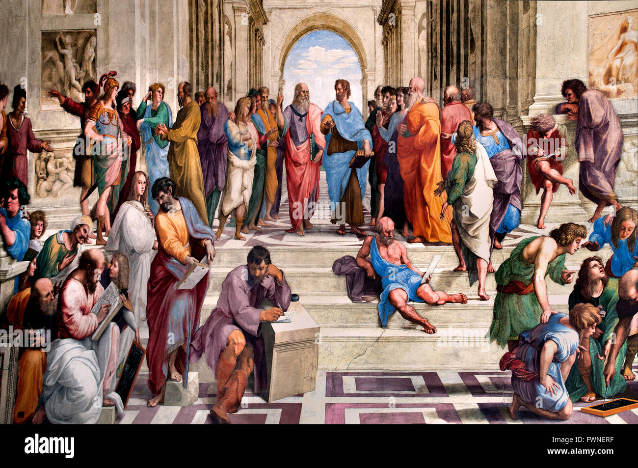 L'École d'Athènes par Alvarez Enciso Domingo 1737 - 1800) était un peintre espagnol, d'après Raphaël (d'après Raffaello Sanzio da Urbino italien) Platon à gauche et Aristote à droite (École d'Athènes, fresque (1508-11) peinte par l'artiste Raphaël, dans la strophe della Segnatura, une chambre dans les appartements privés du pape Jules II au Vatican.) Banque D'Images