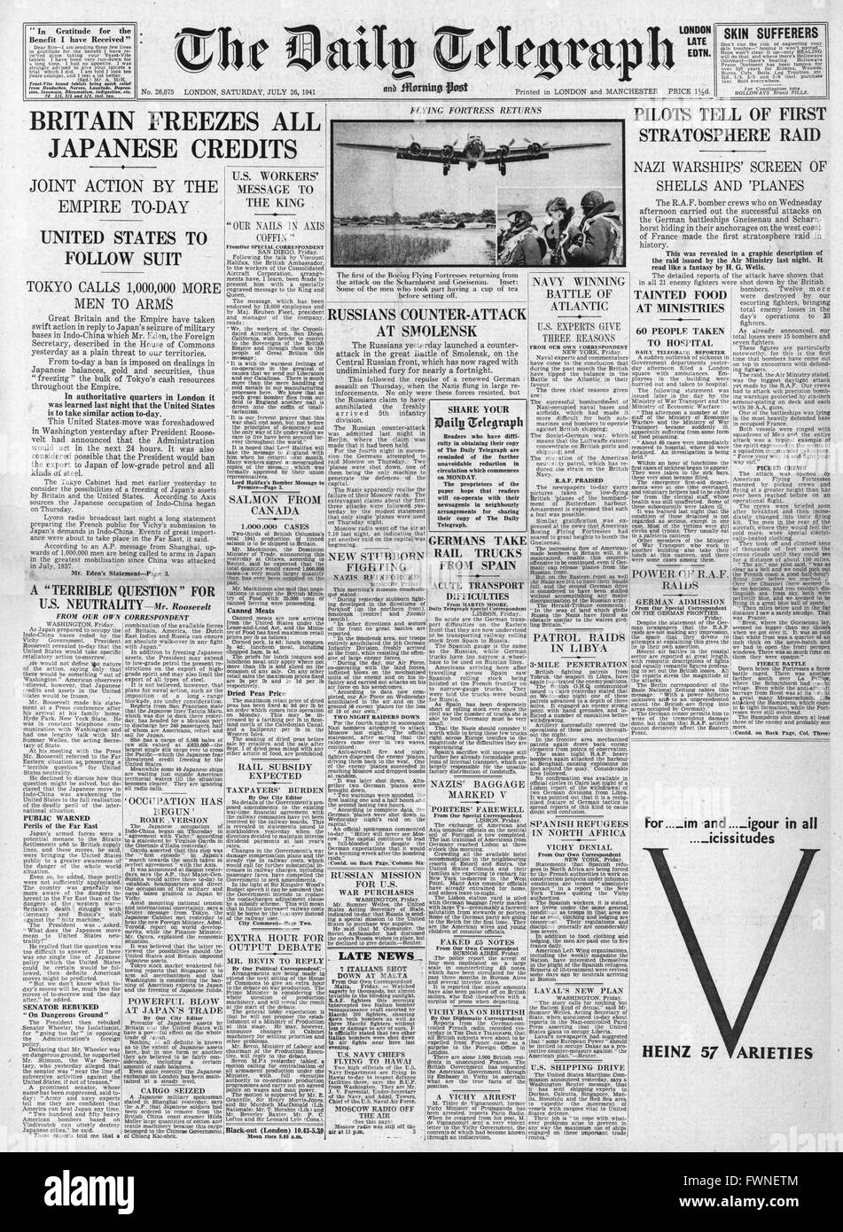 1941 front page Daily Telegraph la Grande-Bretagne et les États-Unis s'arrêter tous les échanges avec le Japon Banque D'Images