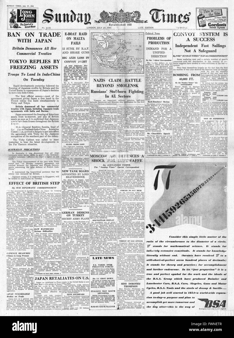 1941 front page Sunday Times en Grande-Bretagne et aux États-Unis s'arrêter tous les échanges avec le Japon et la bataille pour Smolensk Banque D'Images