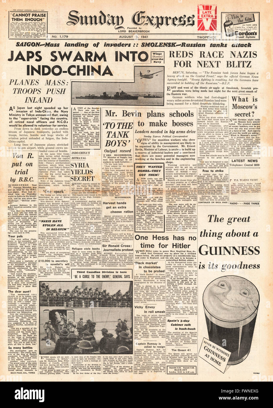 1941 première page Sunday Express les Japonais envahissent l'Indo-Chine Banque D'Images