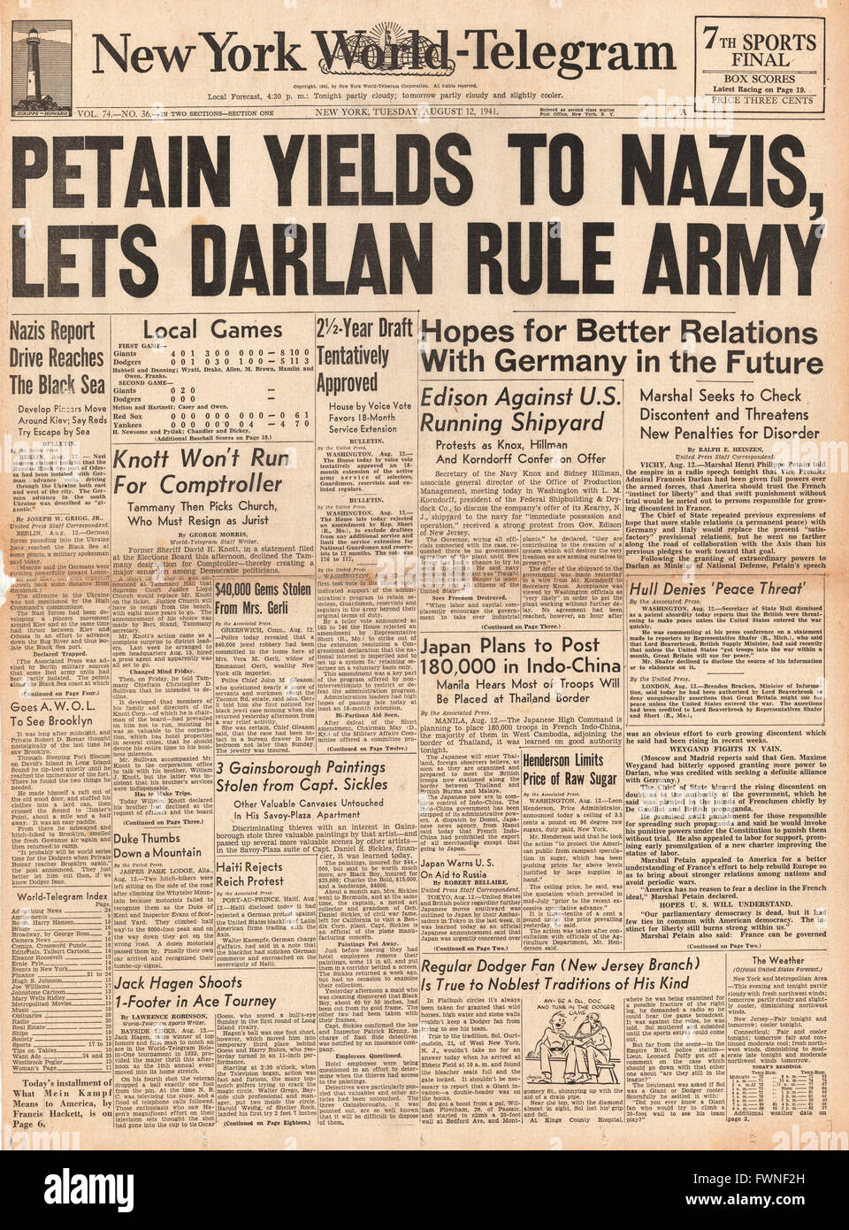 1941 front page New York World Telegram Maréchal Pétain nomme amiral Darlan Commandant en chef des Forces Armées Françaises Banque D'Images