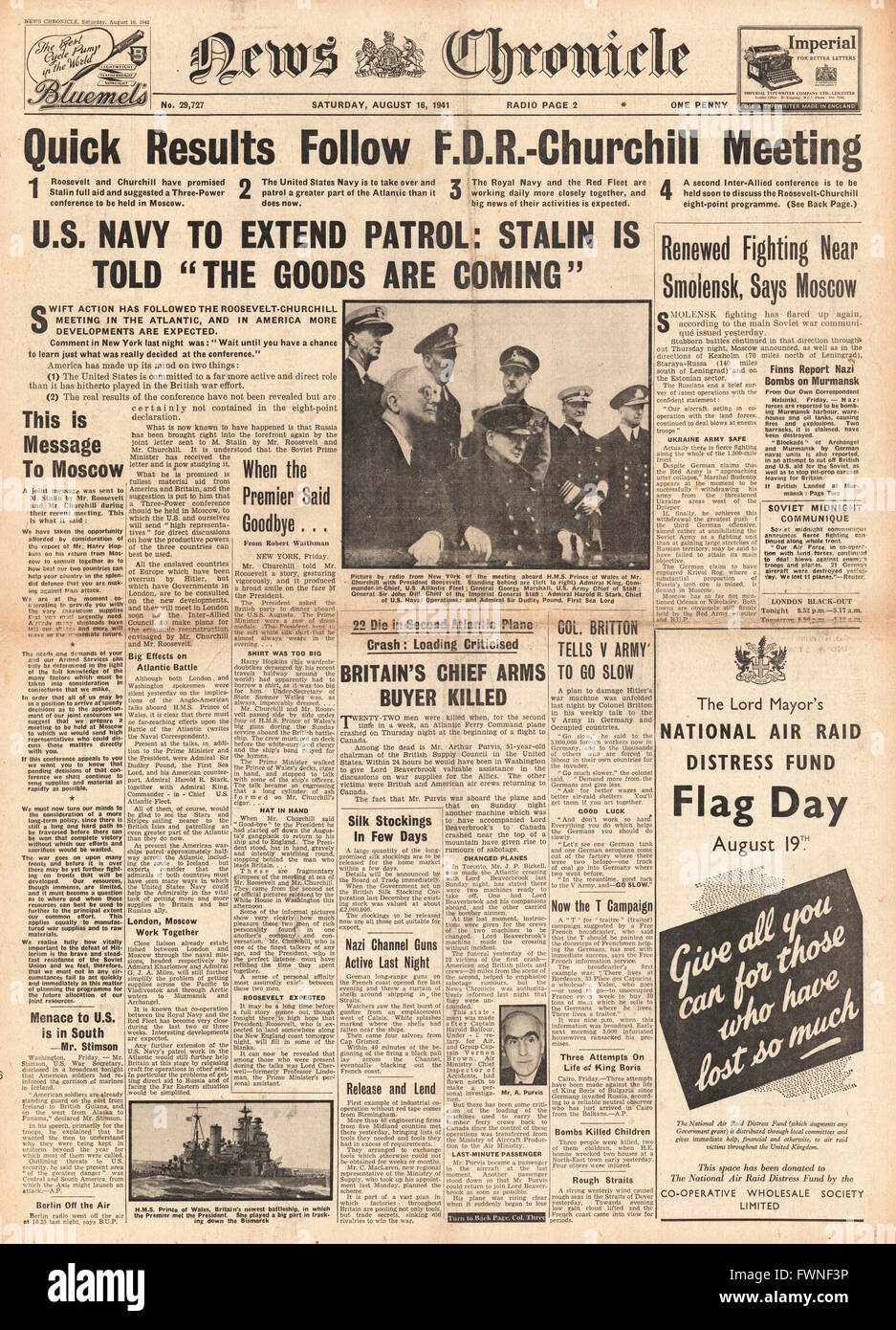 1941 Front Page News Chronicle Churchill et Roosevelt d'accord Charte de l'Atlantique Banque D'Images