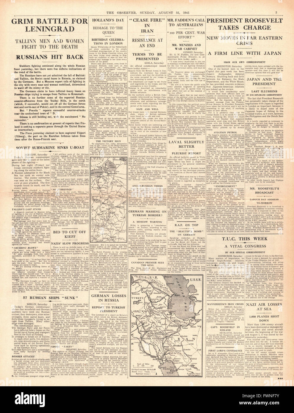 1941 page 5 l'Observateur Bataille pour Leningrad, cesser le feu en Iran et Arthur Fadden est nouveau Premier Ministre australien Banque D'Images