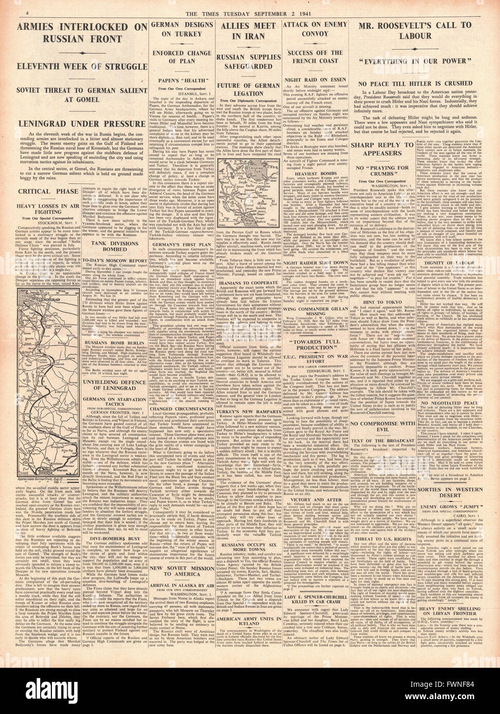 1941 page 4 la fois le russe et l'Armée allemande sur le front de l'Est bataille, les Alliés se réunissent en Iran et Roosevelt donne la parole de la fête du Travail Banque D'Images