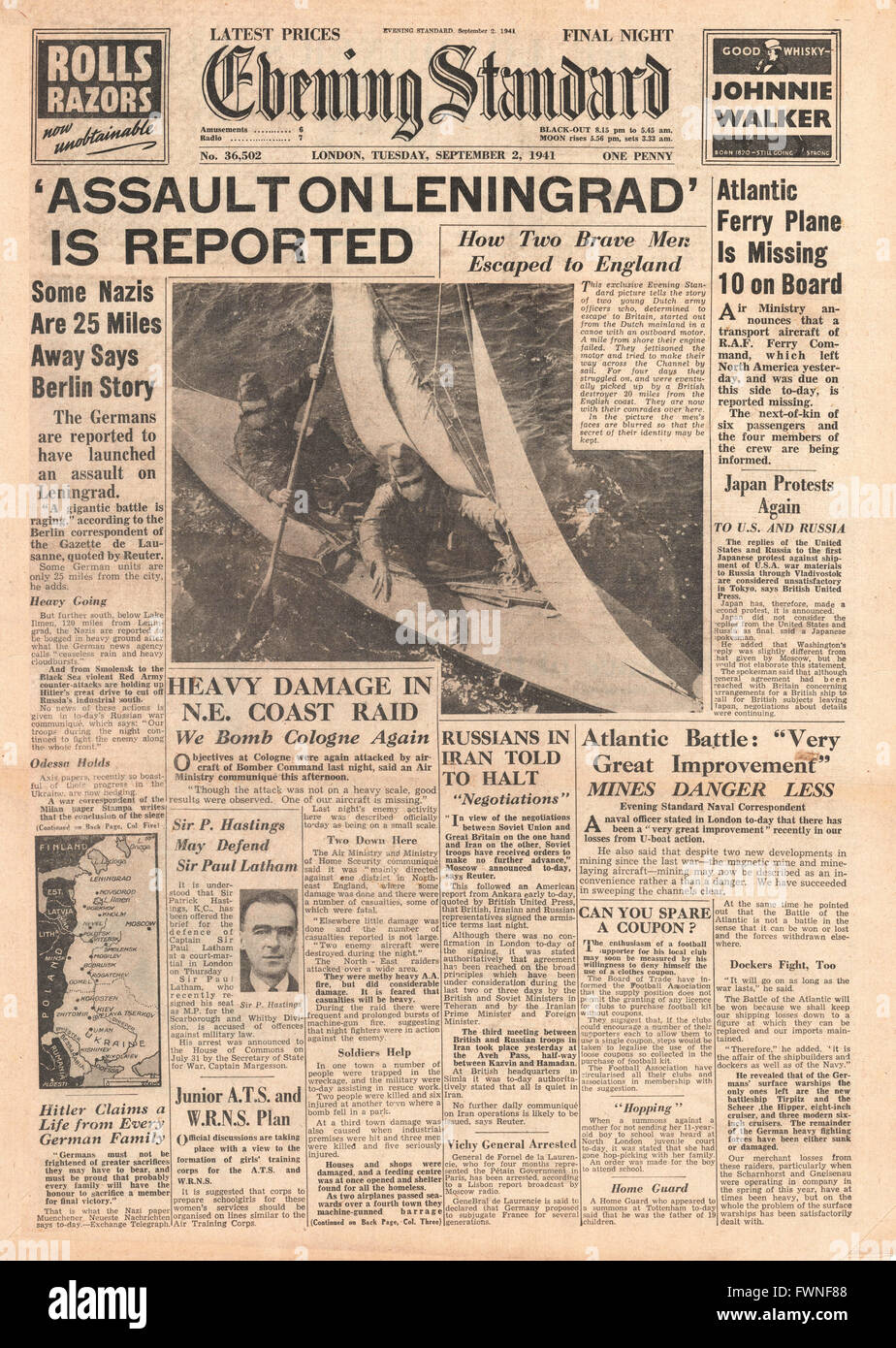 1941 front page Evening Standard assaut allemand sur Leningrad et raids de la RAF sur côte de la Manche et de l'Allemagne Banque D'Images