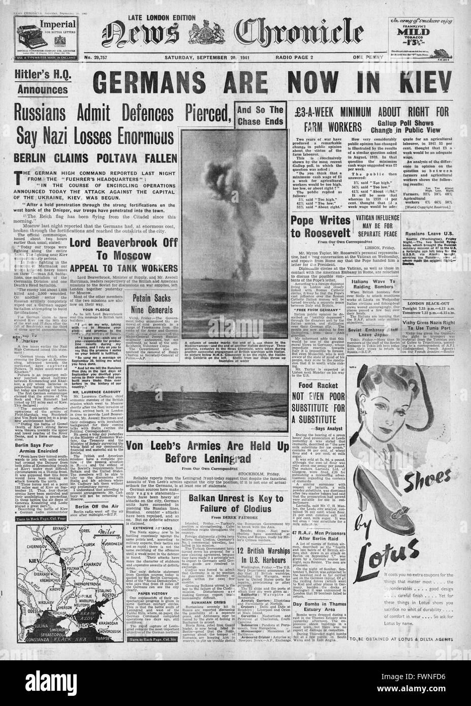 1941 Front Page News Chronicle Armée allemande capture demande de Kiev Banque D'Images