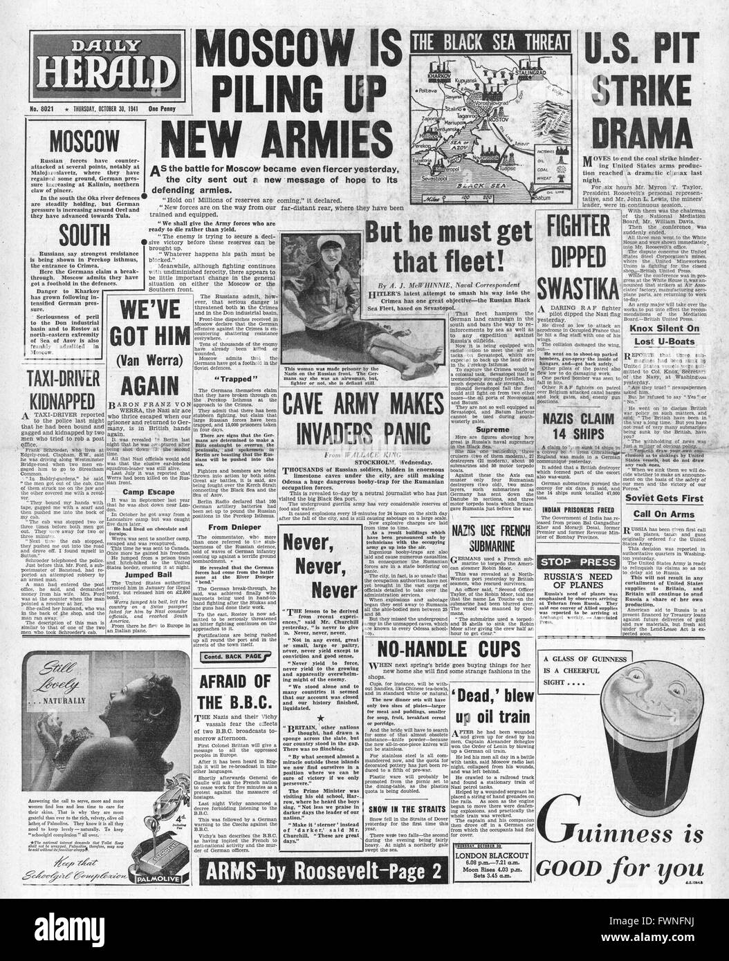 1941 front page Daily Herald Fédération re-antérieus à Moscou et grève du charbon des États-Unis Banque D'Images