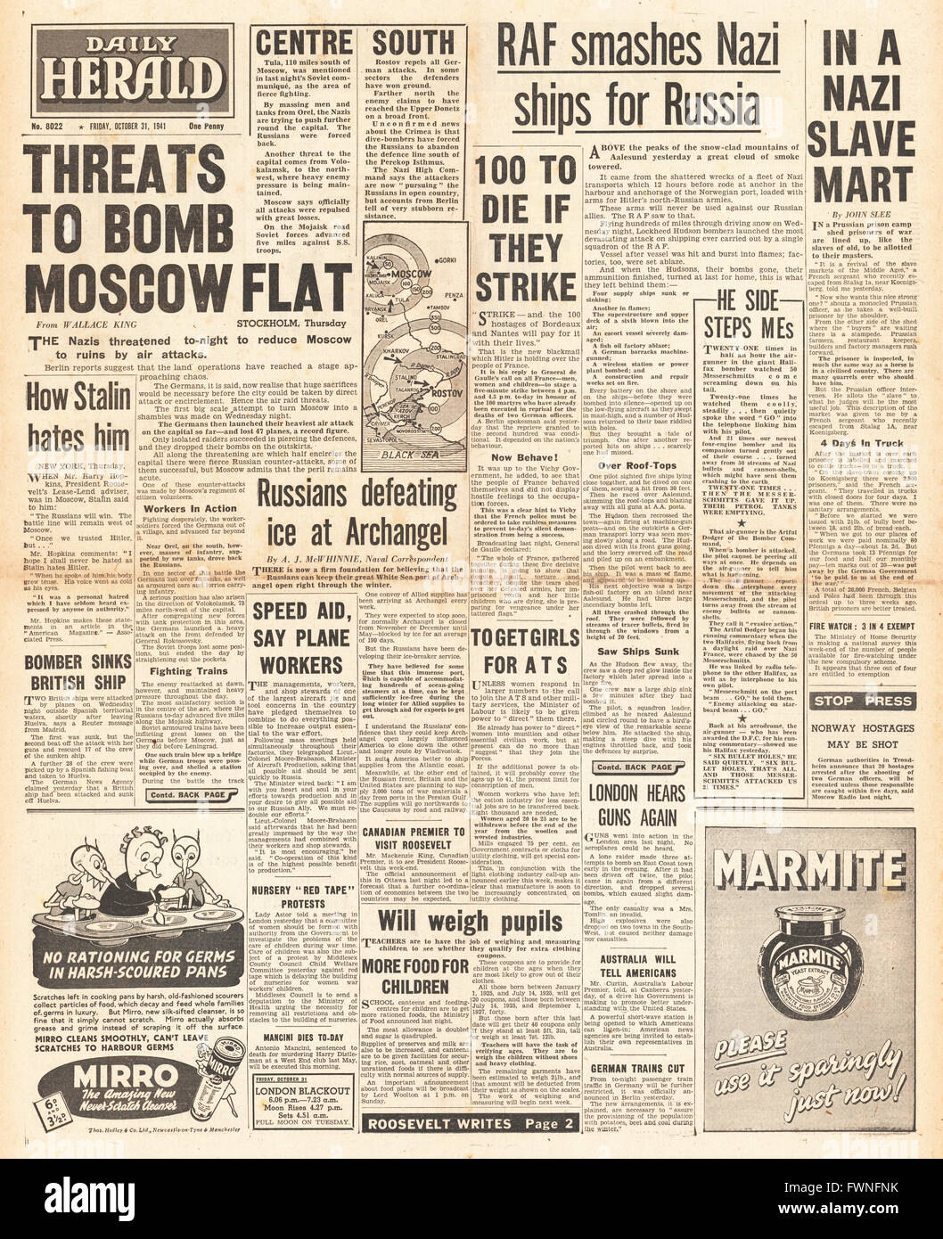 1941 front page Daily Herald Moscou sous la menace d'attaques aériennes allemandes et de bombardement de la RAF sur Aalesund, Norvège Banque D'Images