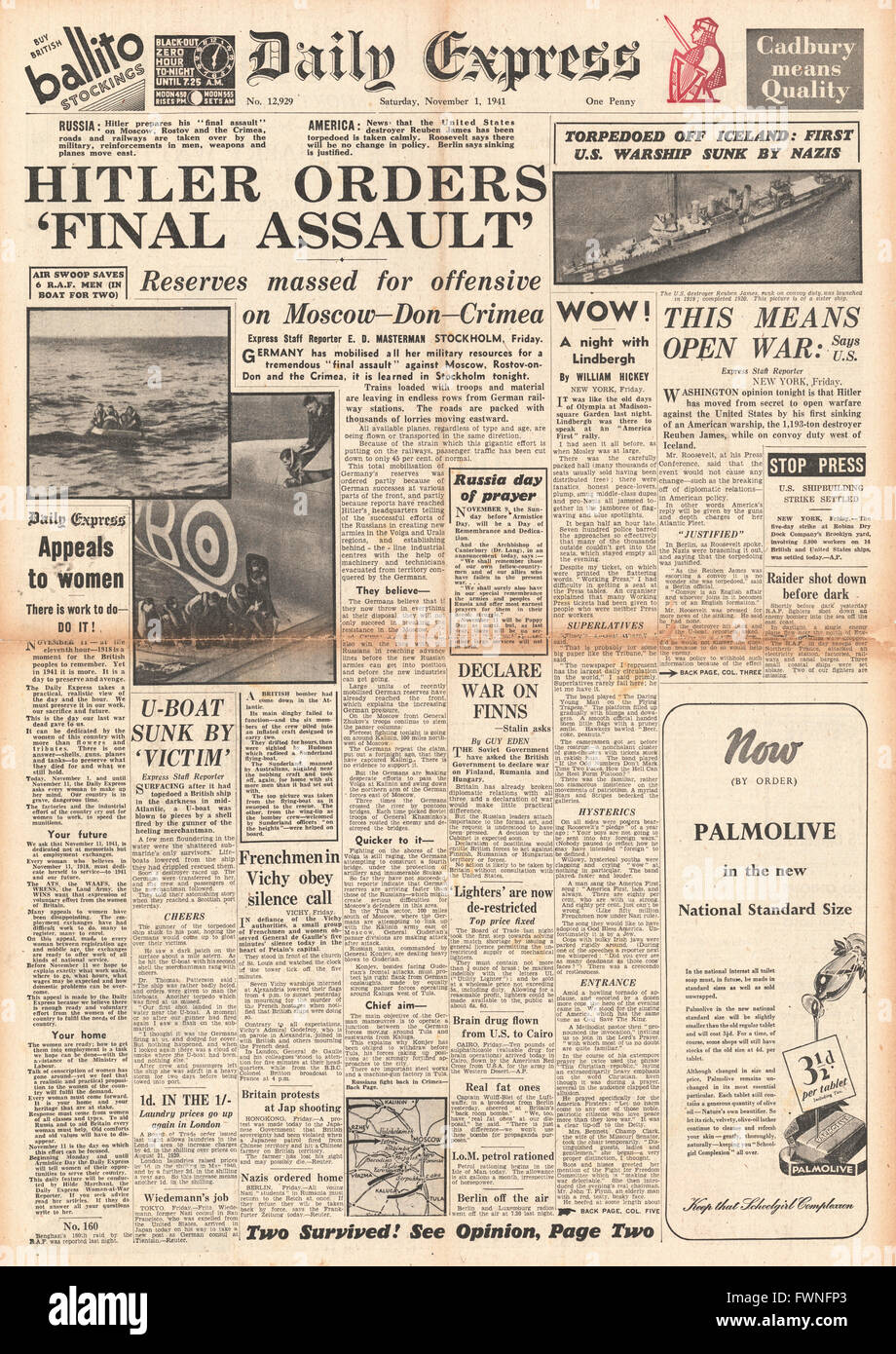 1941 front page Daily Express U-bateau coule le destroyer américain James Rueben et l'avance de l'armée allemande en Crimée Banque D'Images