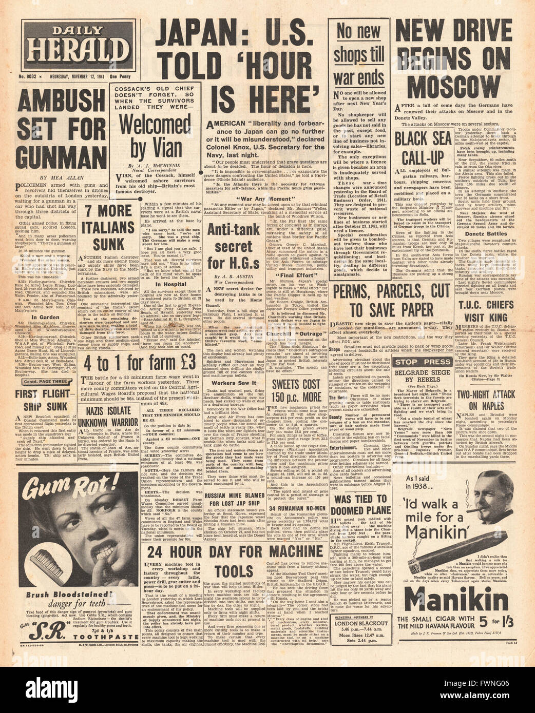 1941 front page Daily Herald Tension diplomatique entre les États-Unis et le Japon et de bataille pour Moscou Banque D'Images