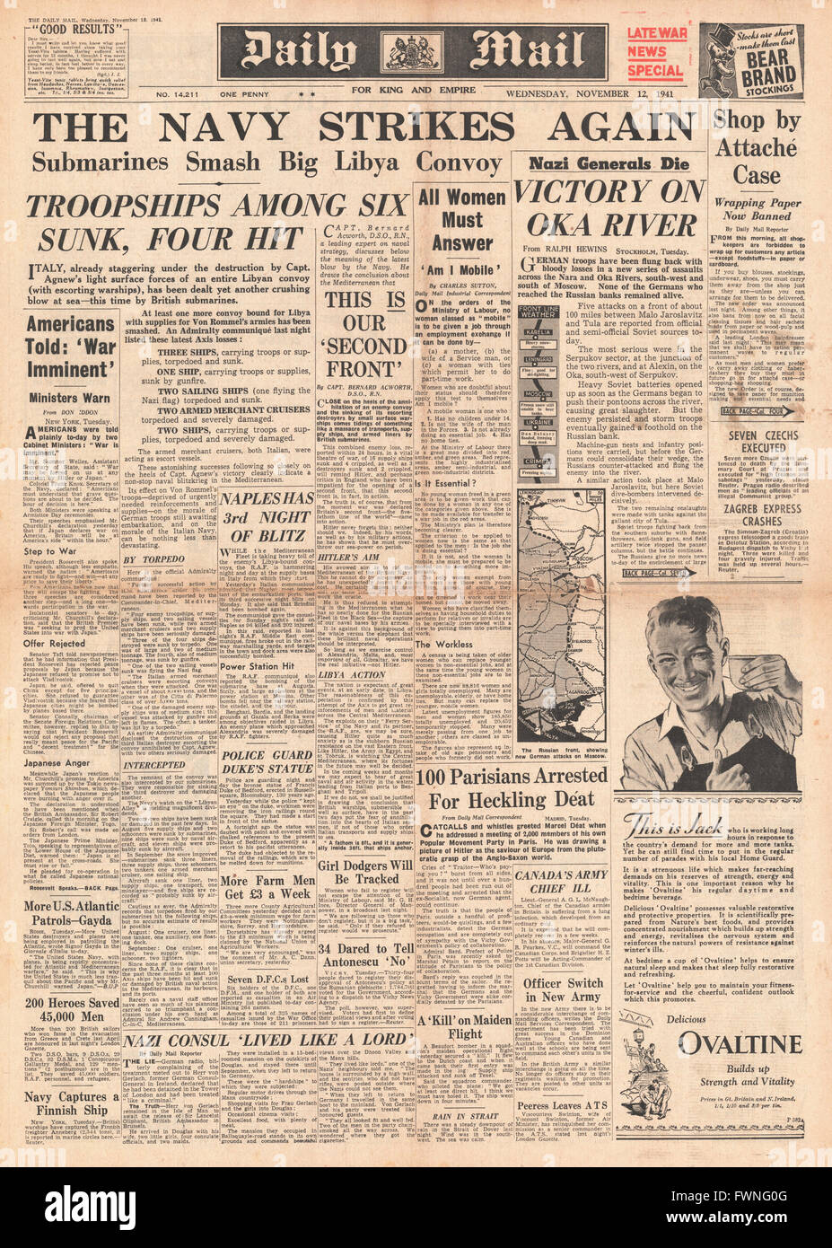 1941 front page Daily Mail les puits de la Royal Navy en convoi de l'axe Méditerranée Banque D'Images
