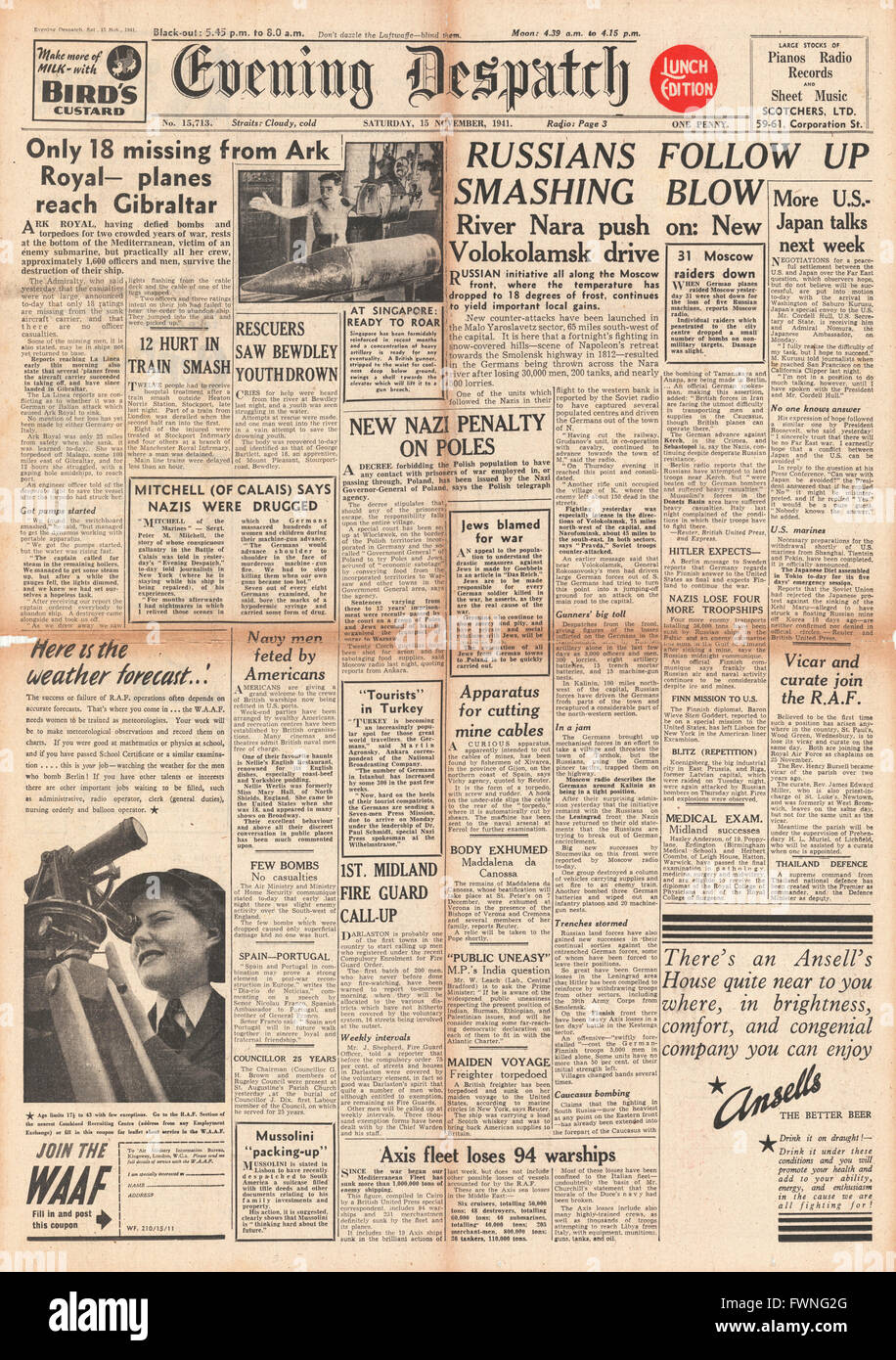 1941 front page soir expédition Naufrage du HMS Ark Royal Banque D'Images