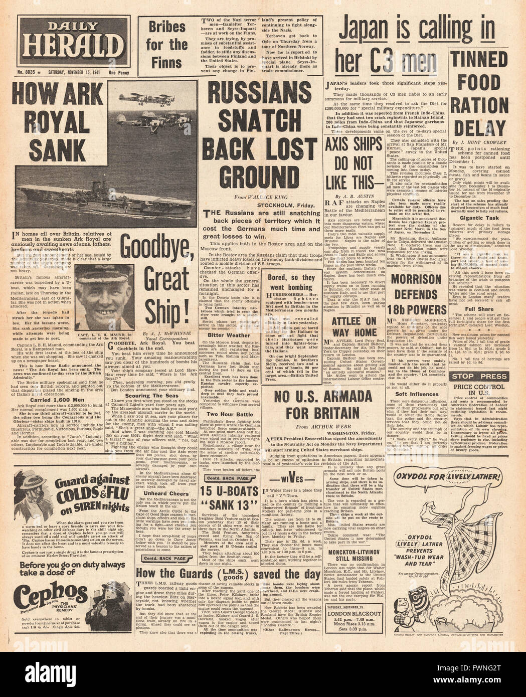 1941 front page Daily Herald Naufrage du HMS Ark Royal et contre-attaque russe à Moscou et Rostov Banque D'Images