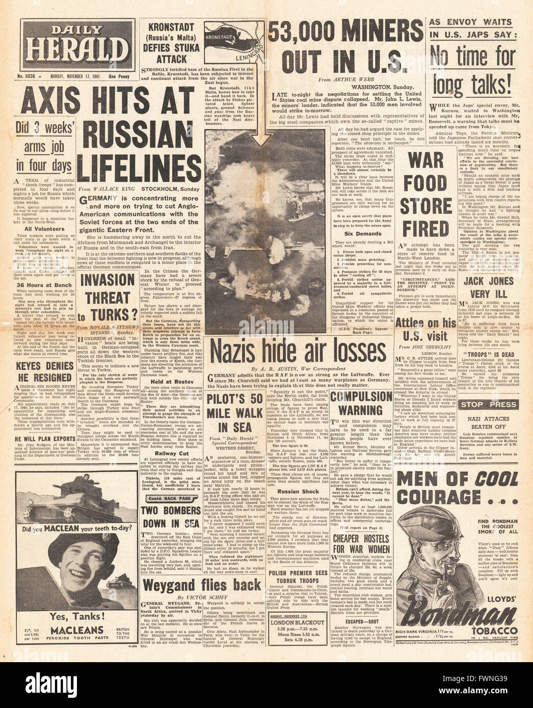 1941 front page Daily Herald les forces de l'axe tentent de couper l'approvisionnement de l'aide russe et grève des mineurs aux États-Unis Banque D'Images